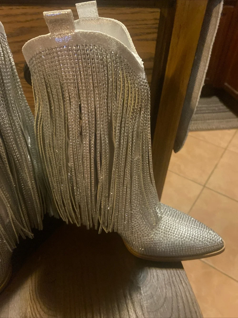Fringe Metallic Pointed-Toe Western Ankle Boots - Silver